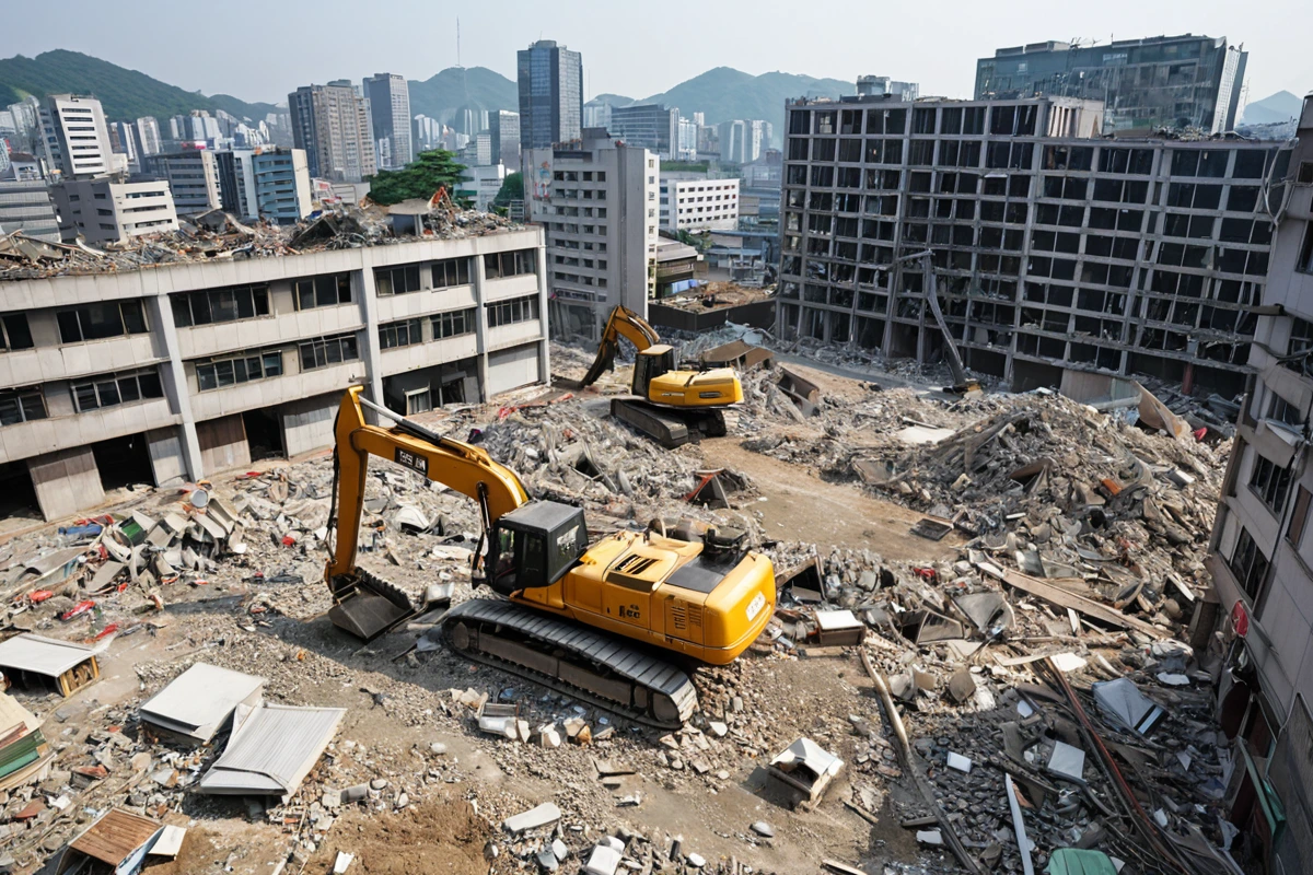 서울 미아동 지역의 현대적인 사무실 철거 현장, 주변 상가와 주거지가 혼재된 도시 풍경 속에서 철거 작업 중인 소음 방지 장비가 설치된 철거 현장. 오전 9시부터 오후 6시까지의