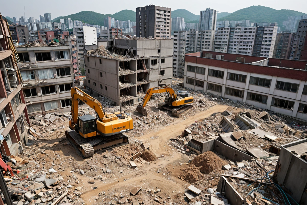 서울 반포동 고밀도 주거지역의 가벽 철거 현장. 주변 아파트 건물과의 조화를 고려한 정확한 철거 작업 장면, 소음과 진동 제한을 준수하는 철거 장비가 조용히 작동 중인 모습.
