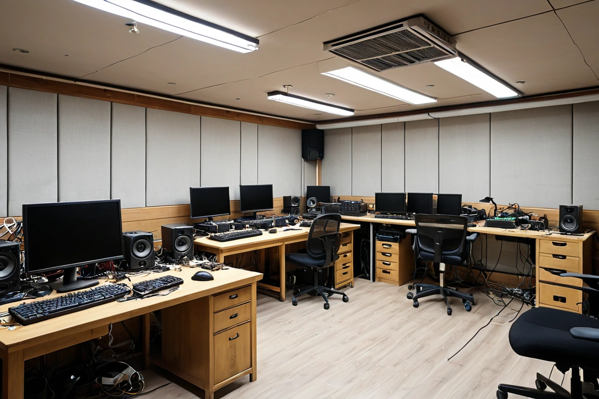 서울 반포동 피시방 내부의 컴퓨터, 의자, 벽면 시설물이 철거 중인 장면. 컴퓨터 모니터와 키보드가 정리된 테이블 위에 놓여 있고, 벽면의 조명 장치와 소형 스피커가 철거 준비 중