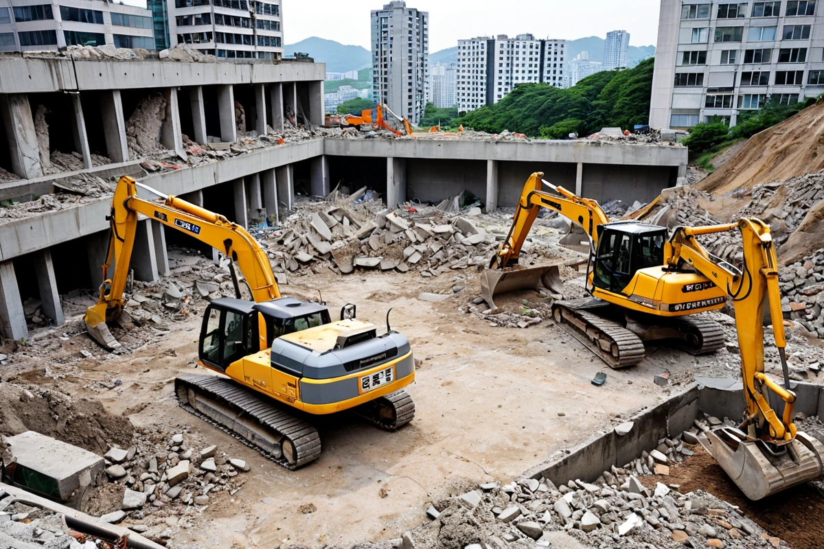 서울 방배동의 50평 규모 철근 콘크리트 구조 매장 철거 현장. 철거 중인 건물 외벽과 철거 장비가 정리된 공간, 흙과 조각 난 콘크리트 조각이 널려 있는 풍경.