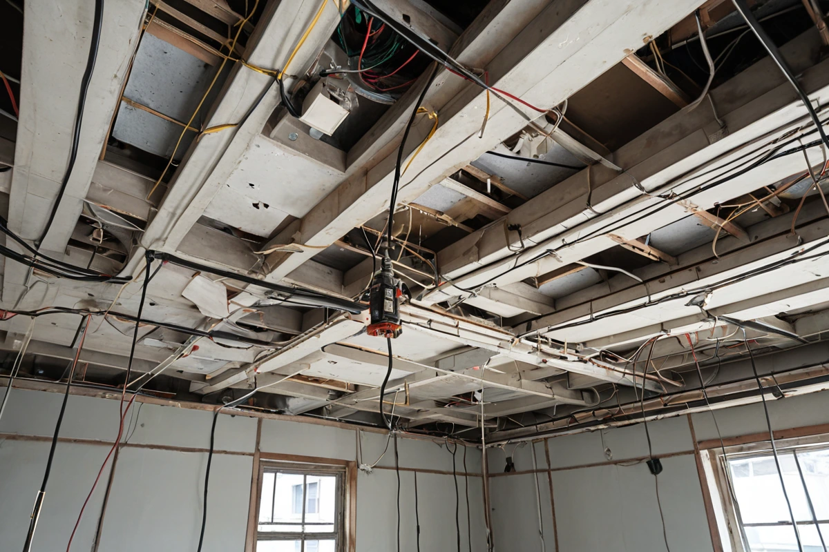 서울 방배동 주택의 천장 내부에서 전기 배선과 가스관이 노출된 모습. 천장재와 구조물이 정확히 보이며, 깨끗한 청소 상태의 철거 작업 공간.