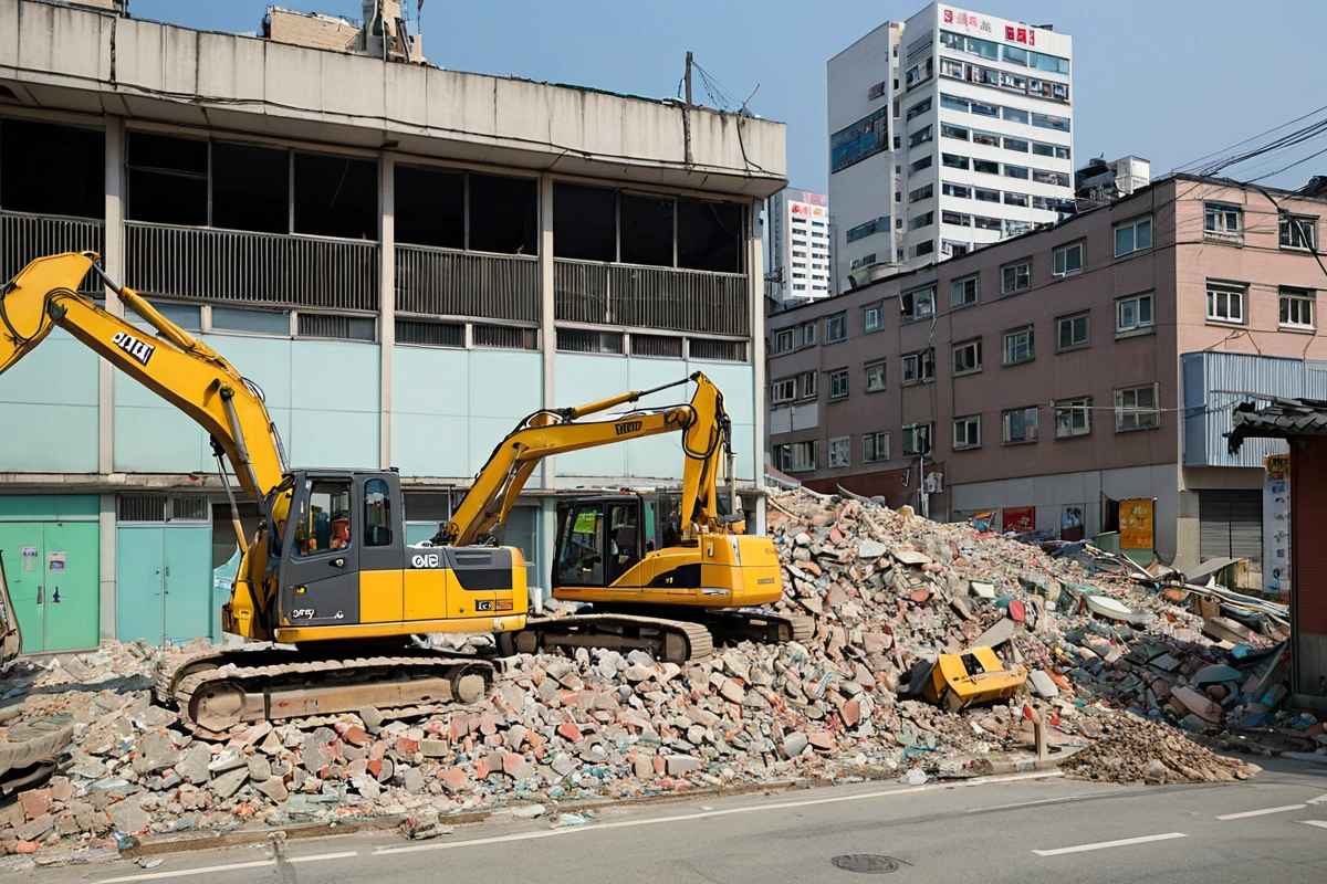 서울 방배동 학원 주변 상가와의 거리가 가까운 철거 현장. 철거 장비가 정지된 상태에서 주변 상가의 간판과 건물이 보이는 현실적인 장면, 소음 관리용 방음막이 설치된 모습이 미묘하