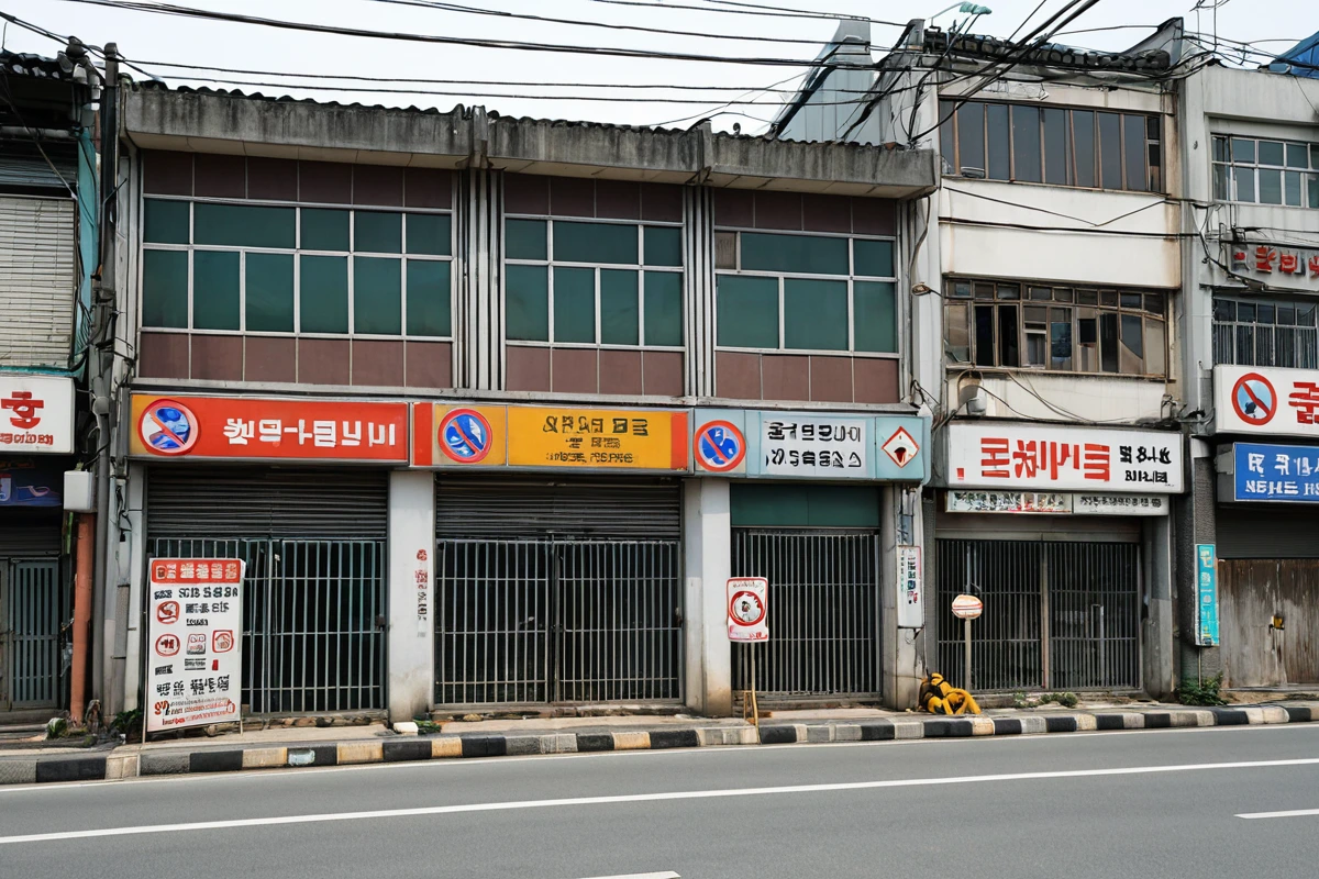 서울 방이동 상업 지역의 폐업 건물 외관, 복잡한 주변 상가와 연결된 구조물이 보이는 장면. 건물의 뒤편에 소음 차단용 방음벽이 설치되어 있고, 주변 도로에는 교통 관리 표지판이