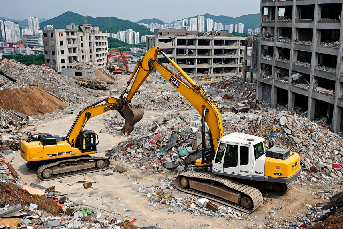 서울 방이동의 철거 현장에서 구조물이 철거 중인 모습. 철거 장비가 구조물 주변에 정확하게 배치되어 있으며, 철거된 재료가 잘 정리된 폐기물 처리 구역에 놓여 있는 모습. 건물 잔