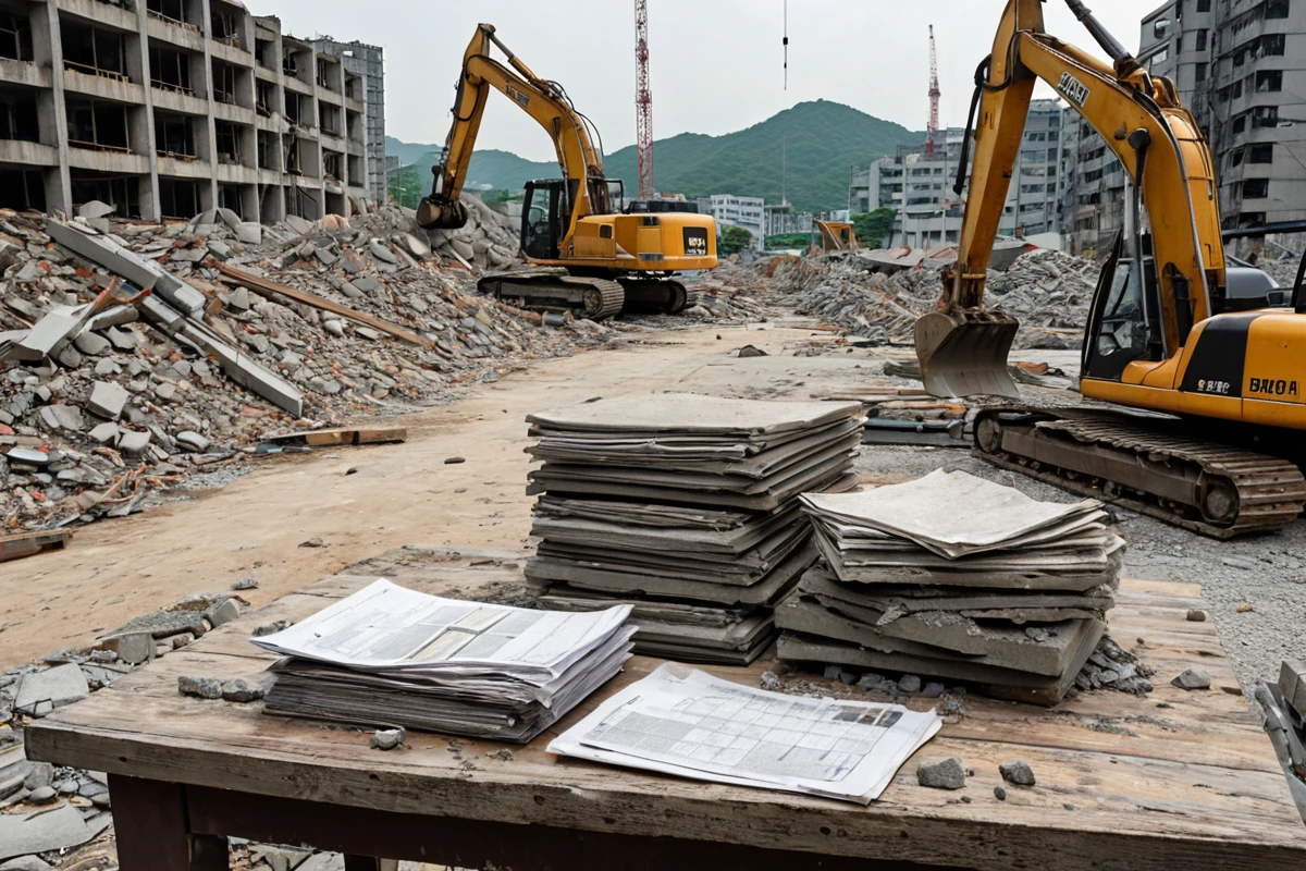 서울 방이동 지역의 건축법 및 환경 보호법 관련 표지판이 보이는 철거 현장. 철거 전 법규 확인을 위한 문서가 테이블 위에 놓여 있는 모습. 철거 장비가 철거 준비 상태로 정리된