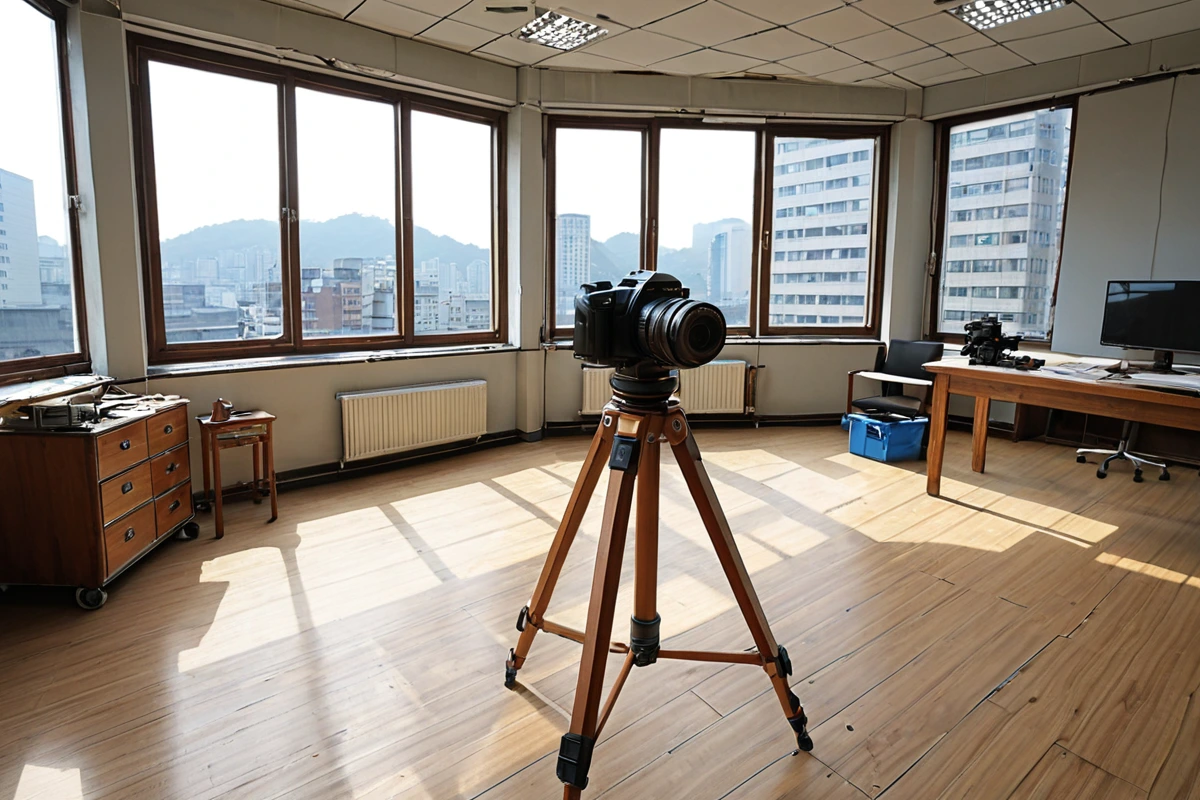 서울 방학동 사무실 철거 전 현장에서 철거 업체가 평면도와 사진을 촬영하는 장면. 철거 전 철저한 조사를 위해 준비된 문서와 카메라가 보이는 실내 공간. 철거 전 현장 조사가 필수