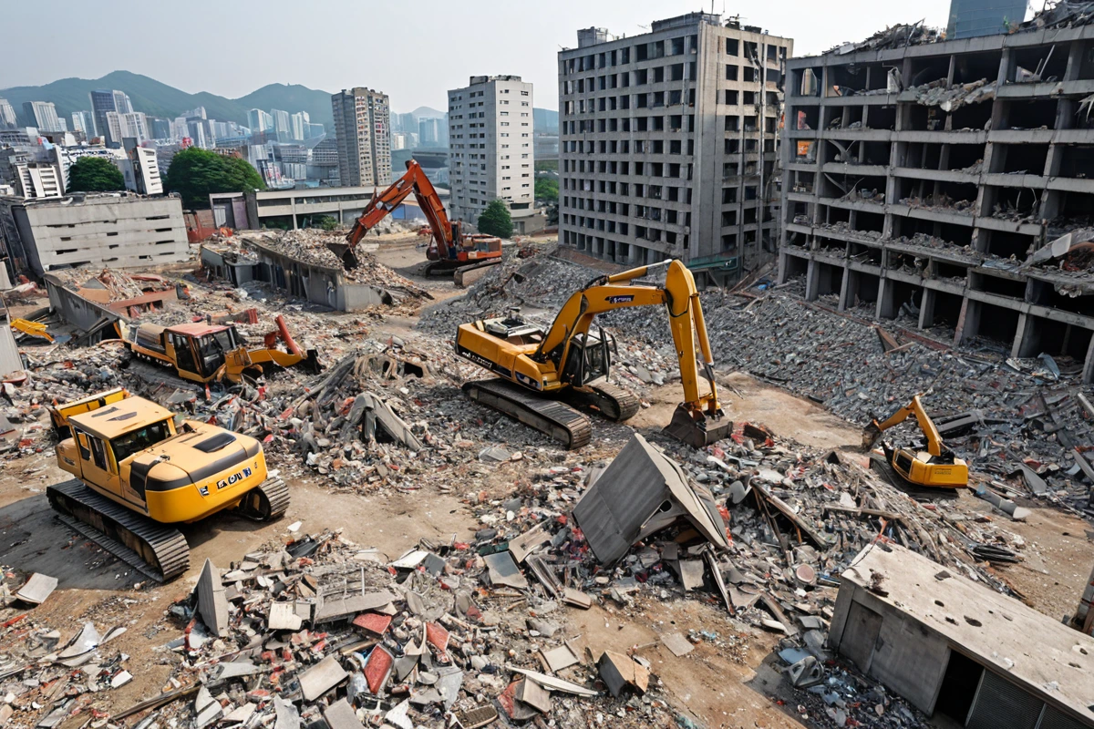 서울 방학동 상가 철거 현장의 정리된 공간, 철거된 건물 잔해와 철거 장비가 철저히 정리된 모습, 철거 절차의 철저함을 보여주는 현장 풍경