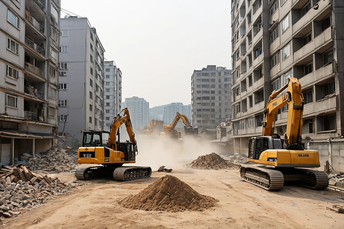 서울 방학동 주택 단지의 외부에서 보이는 철거 작업 현장, 주변 건물과 조화롭게 조성된 철거 장비가 먼지 제거 장치를 사용하는 모습, 주거 지역의 조용한 분위기가 느껴집니다.