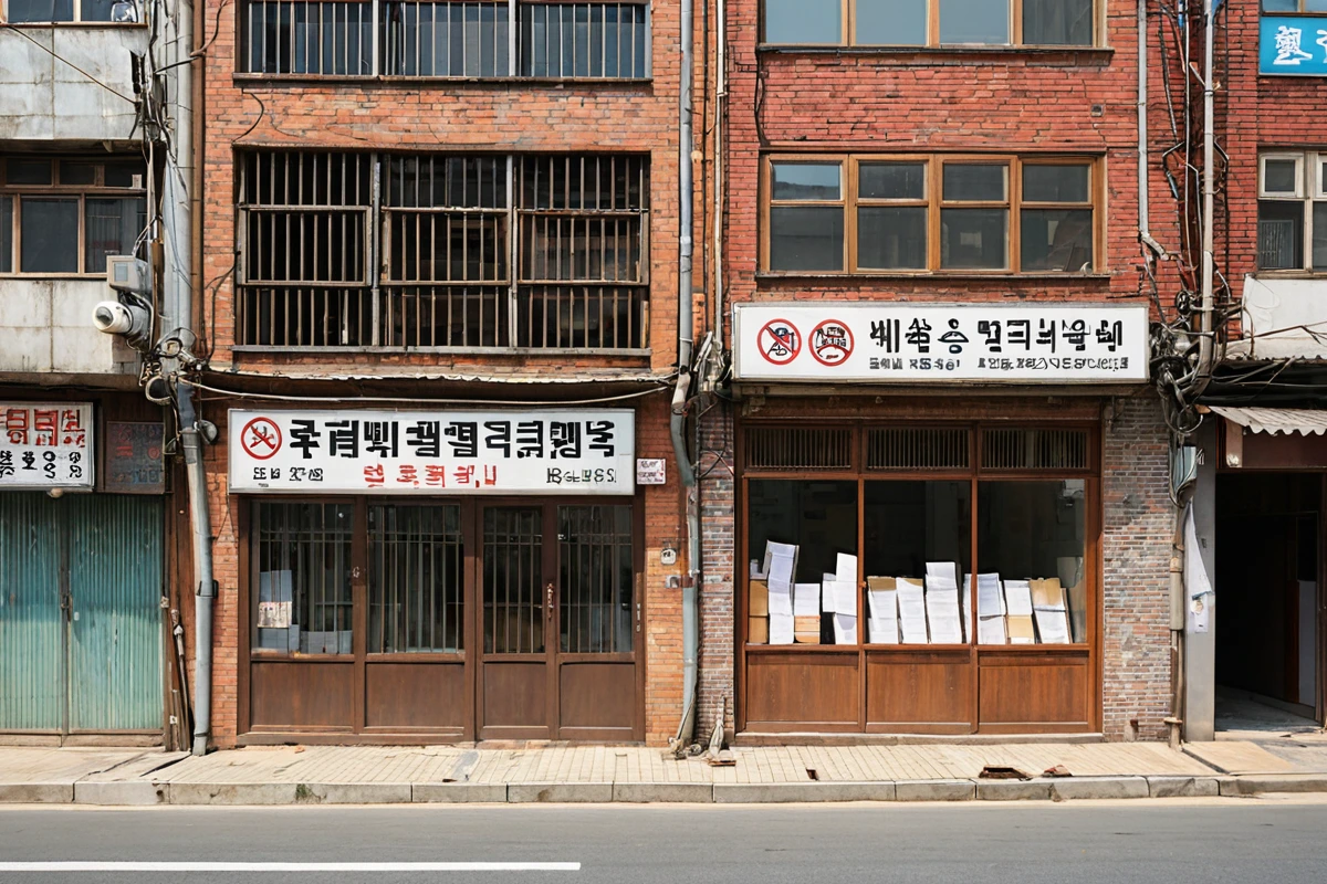 서울 방화동 지역 상가 철거 전 법적 절차를 확인하는 문서와 함께 놓인 철거 허가 서류, 주거와 상업이 혼재된 건물 외관이 배경으로 보이는 사실적인 장면