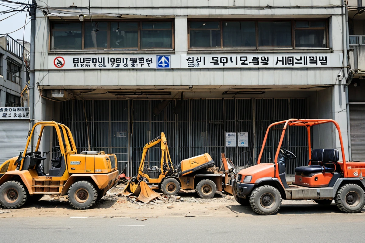 서울 번동 지역의 철거 업체 사무실 외부에서 자격증과 인증서가 걸린 간판이 보이는 현장. 철거 작업을 위한 장비들이 정리되어 있는 차량과 현장 안전 표지판이 배경에 위치한 모습.
