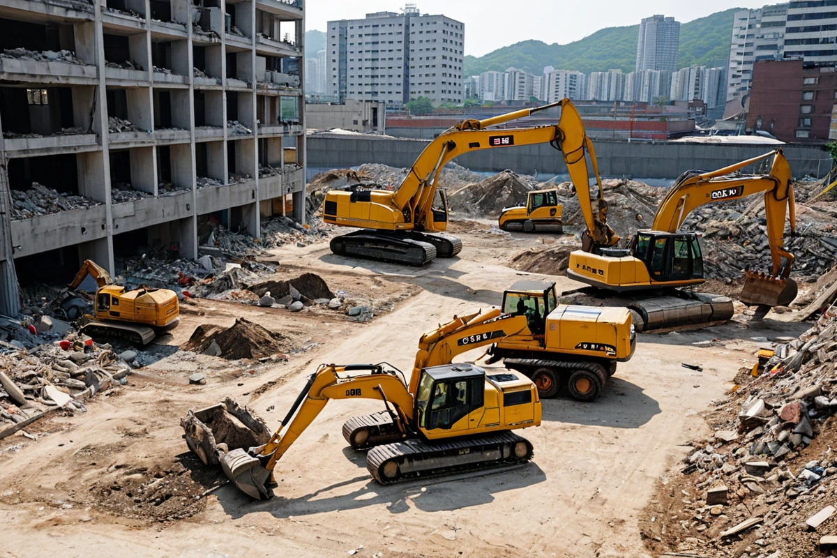 서울 번동 지역의 철거 현장에서 철거 작업 중인 장비가 정리된 모습. 인건비, 장비비, 폐기물 처리비, 관리비를 나타내는 간결한 표시판이 배경에 보이는 실제 철거 현장의 평화로운