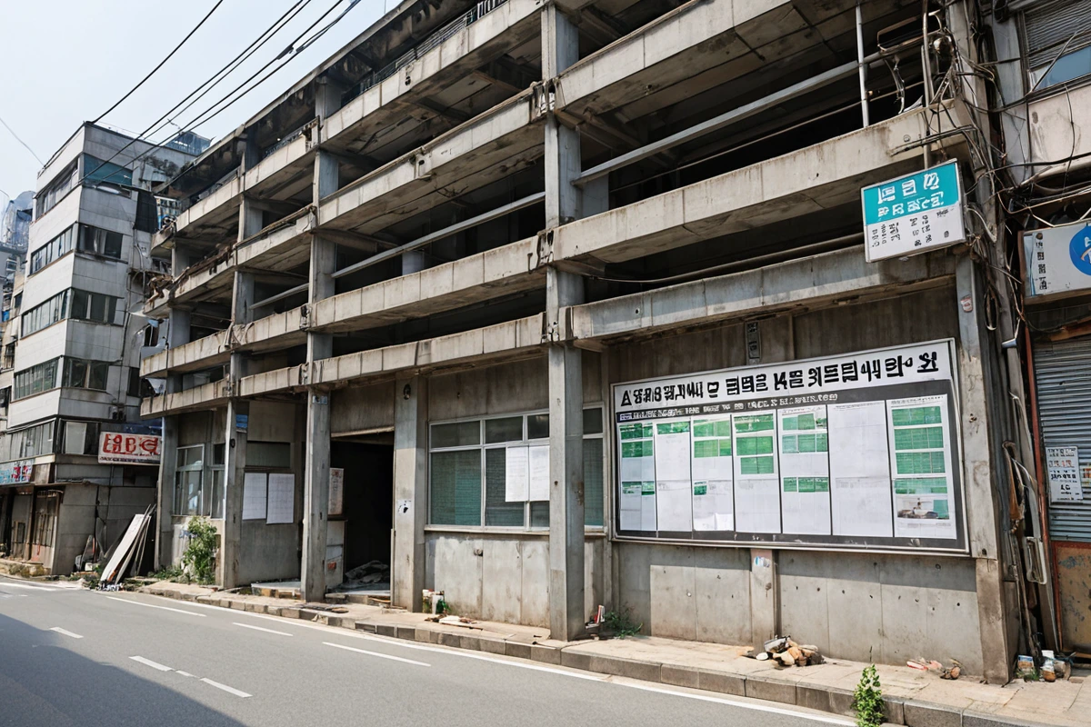 서울 보광동 상가 건물 철거 전 현장, 철거 대상 건물의 외관과 주변 도로에 설치된 법적 절차 관련 안내 표지판이 보이는 장면, 건물의 구조적 특징이 드러나는 자연스러운 철거 전