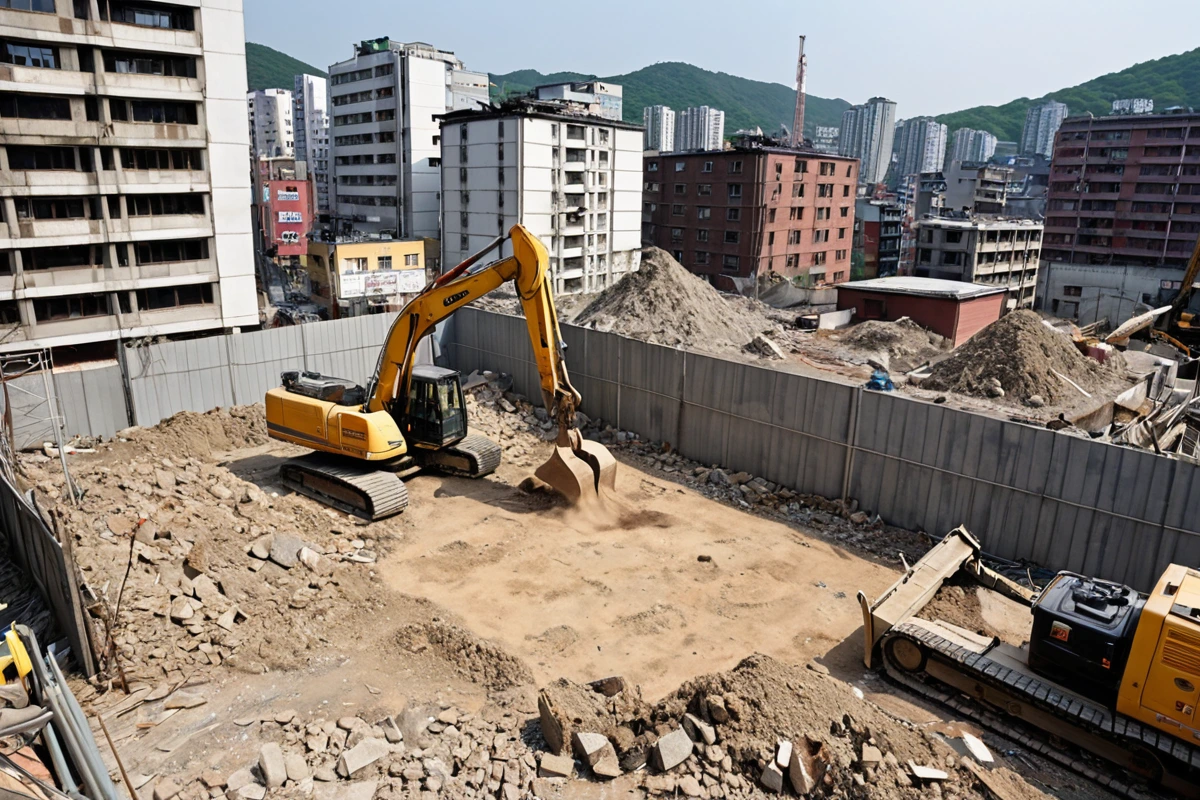 서울 보라매동 주거 지역의 철거 현장에서 소음과 먼지 관리를 위한 철저한 차단막과 청소 장비가 배치된 사진. 주변 건물과 환경 보호를 강조하는 자연스러운 철거 현장.