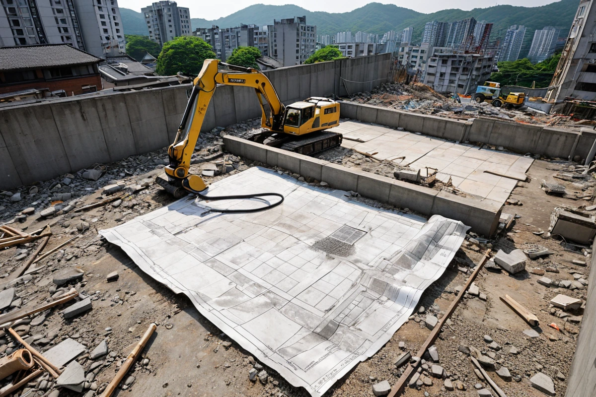 서울 보라매동 지역의 주택 철거 현장에서, 철거 전 구조 점검을 위한 레이저 측정기와 구조 분석 도면이 함께 놓인 장면. 철거 전 구조 점검을 위한 레이저 측정기와 구조 분석 도면