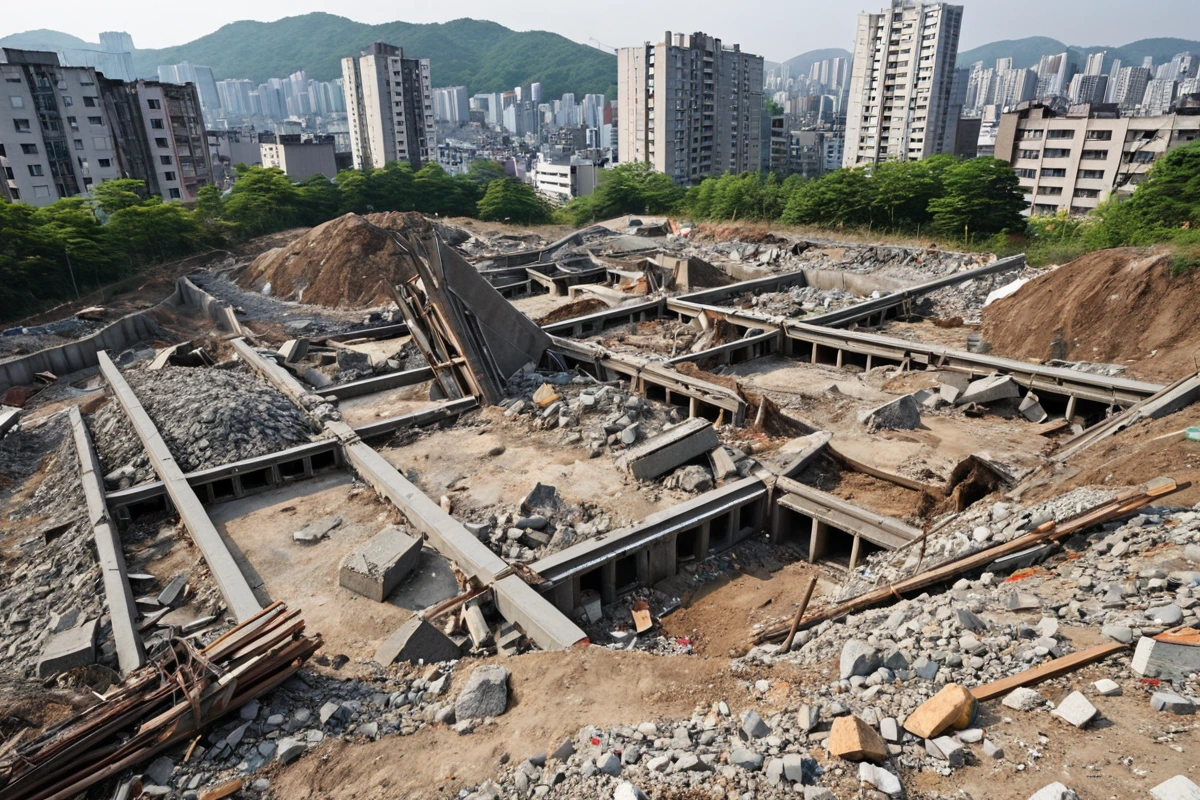 서울 보라매동 지역의 주택 철거 현장에서 철재와 콘크리트 조각이 쌓여 있는 모습. 철거된 구조물의 잔해가 정리되지 않은 상태로 흙바닥 위에 넓게 흩어져 있다.