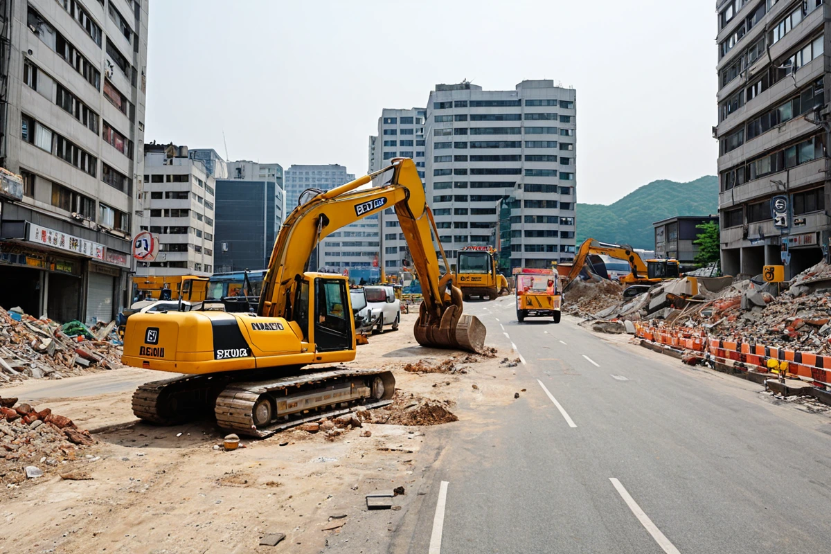 서울 보문동 상가 지역의 철거 현장, 주변 건물과 차량이 보이는 도로 위에 철거 작업 중인 중장비가 정지해 있는 모습, 안전 경고 표지판이 세워진 배경