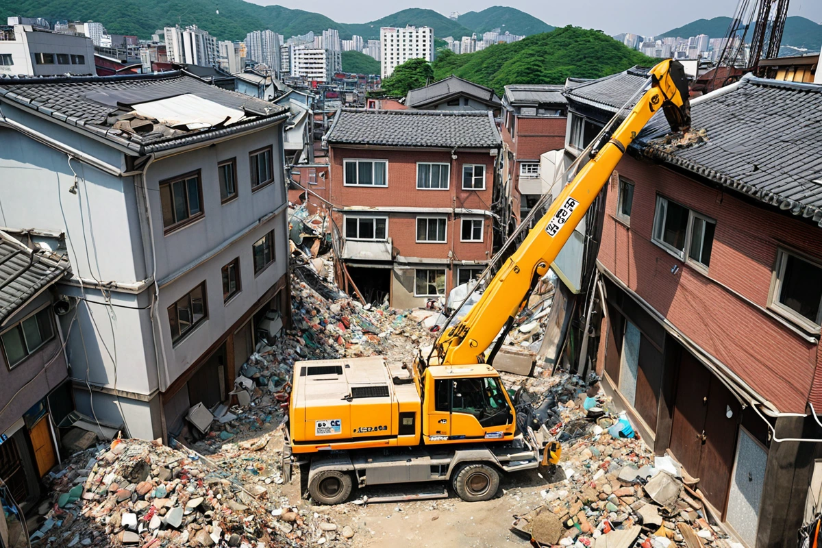 서울 봉천동 50평 규모의 2층 주택 철거 현장, 좁은 주변 건물 간격을 고려해 특수 장비가 안전하게 철거 작업을 진행 중인 모습, 구조물 분해와 폐기물 처리를 위한 철거 장비와 