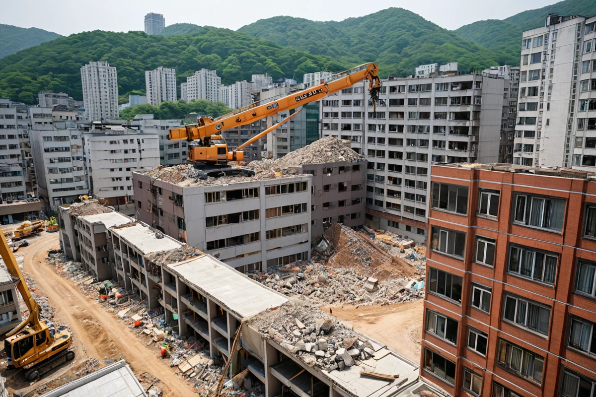 서울 봉천동 고밀도 주거지역의 아파트 단지와 철거 작업 중인 크레인, 소음 규제 표지판이 보이는 주간 장면. 건물 사이로 철거 작업 중인 크레인의 모습이 선명히 보이며, 주변 건물
