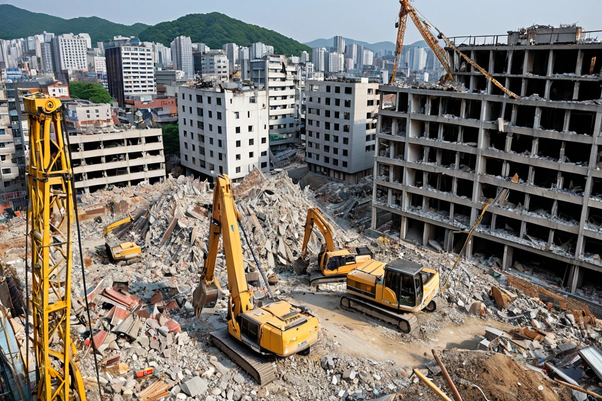 서울 봉천동과 묵동 지역의 주택과 사무실 건물 철거 현장 비교, 각 건물의 구조적 특성과 철거 과정에서의 작업 현장이 동시에 보이는 풍경