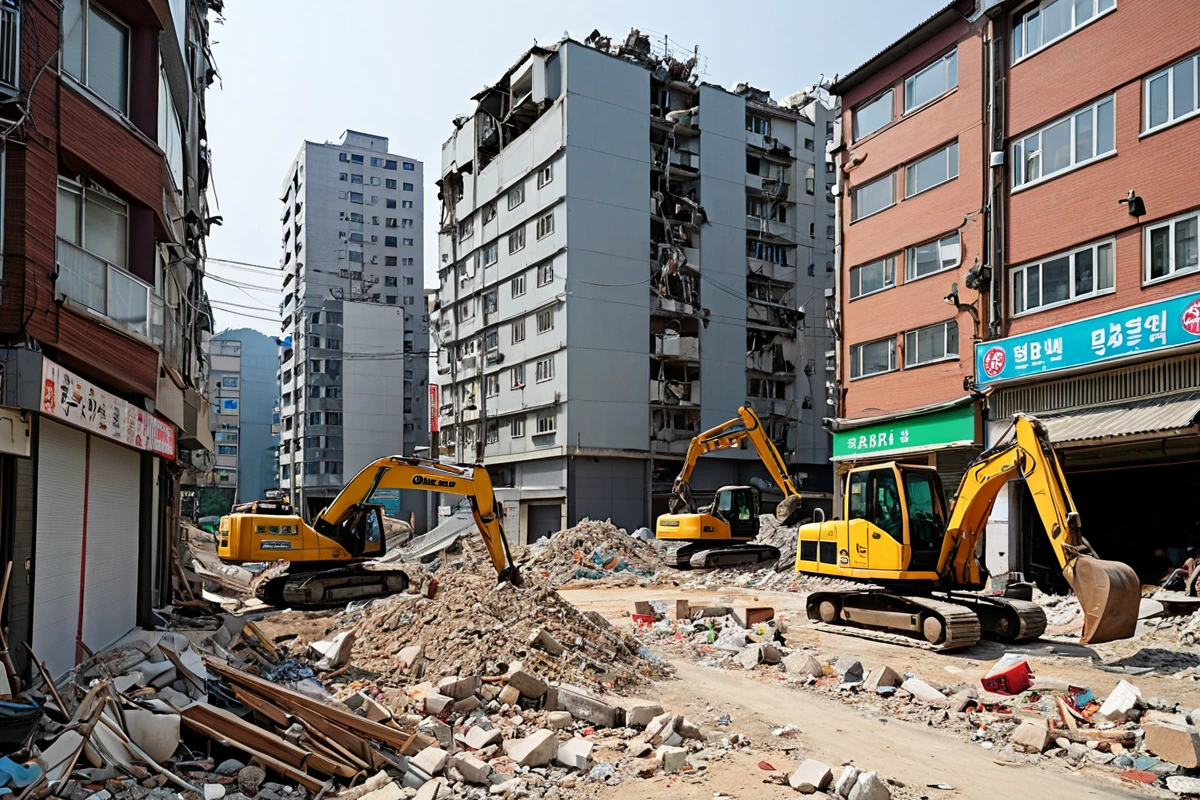 서울 봉천동과 불광동의 주거지역에서 비교되는 철거 현장. 봉천동은 주거 밀집 지역으로 철거 작업 중 소음 차단 장비가 설치된 모습, 불광동은 상업지역과 주거지역이 혼재된 곳에서 철