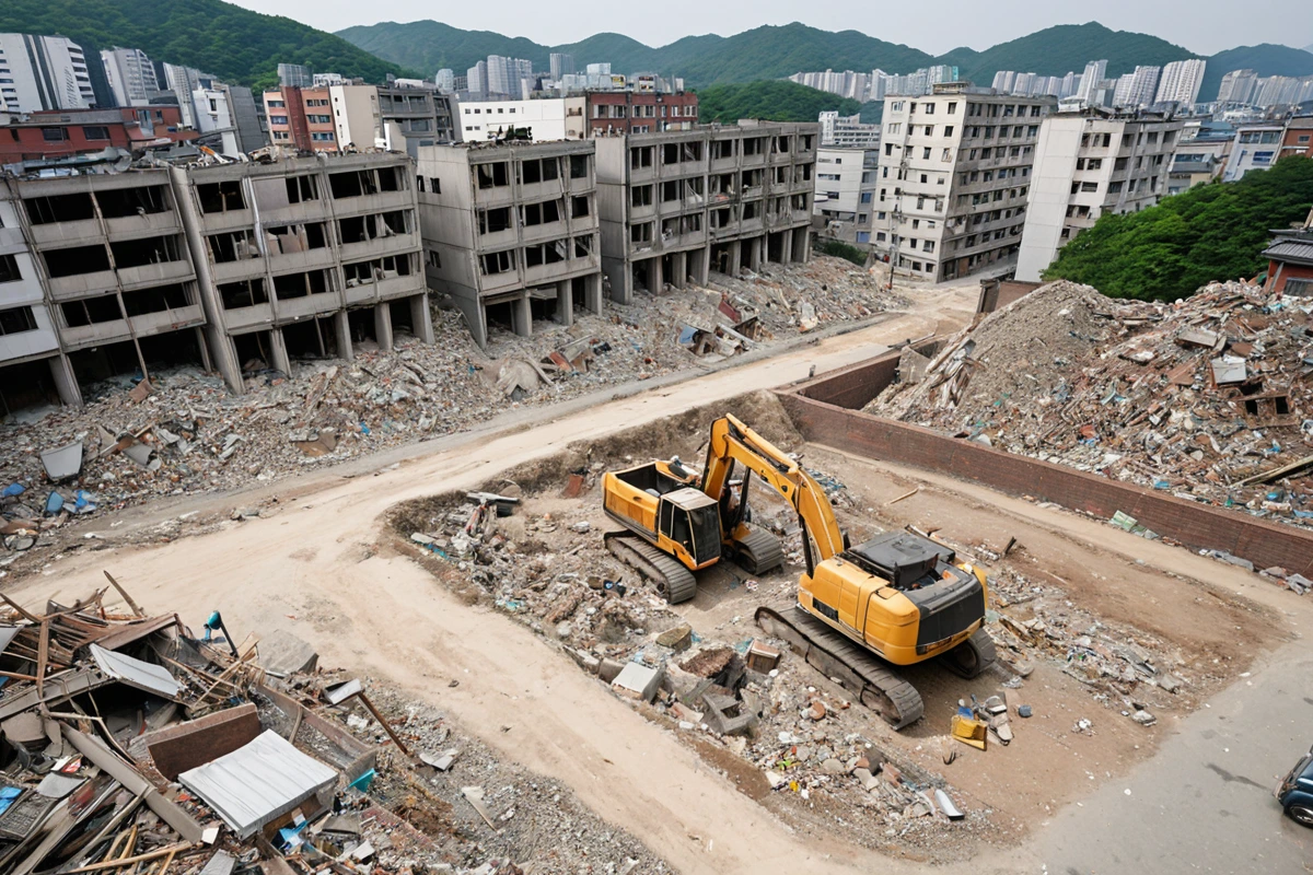 서울 봉천동과 세곡 지역의 철거 작업 비교를 나타내는 시각적 자료. 철거 후 남은 구조물과 재료 처리 장소가 정리된 모습, 철거 비용 효율성을 보여주는 간결한 인포그래픽 효과의 배