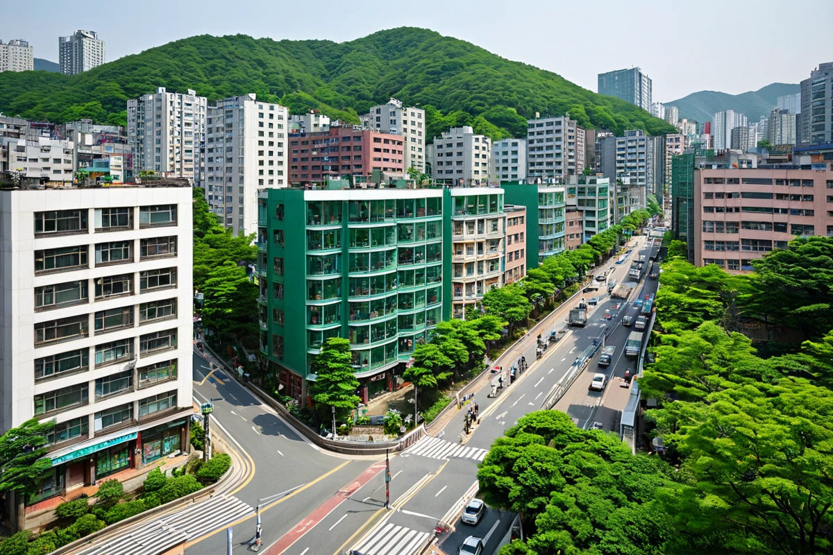 서울 봉천동과 송파구 삼전동의 주거지와 상업지역을 비교한 도시 풍경. 봉천동은 주거용 아파트 단지와 작은 상가가 혼재된 모습, 삼전동은 고층 상업 건물과 간판이 많은 거리 풍경이