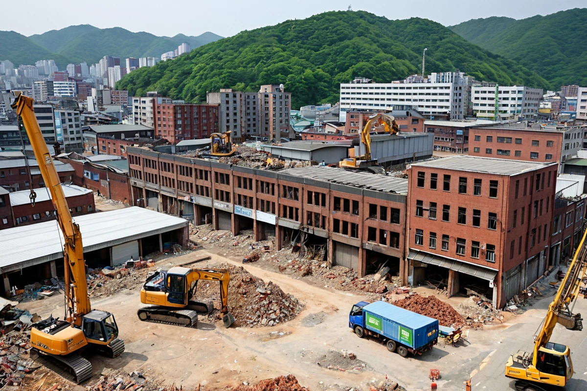 서울 봉천동과 월계동의 창고 철거 현장에서 비교 가능한 구조의 창고 건물과 철거 장비가 함께 있는 자연스러운 장면, 봉천동 상업지역 특성에 맞는 건물 외관과 월계동 주거지역과 상업