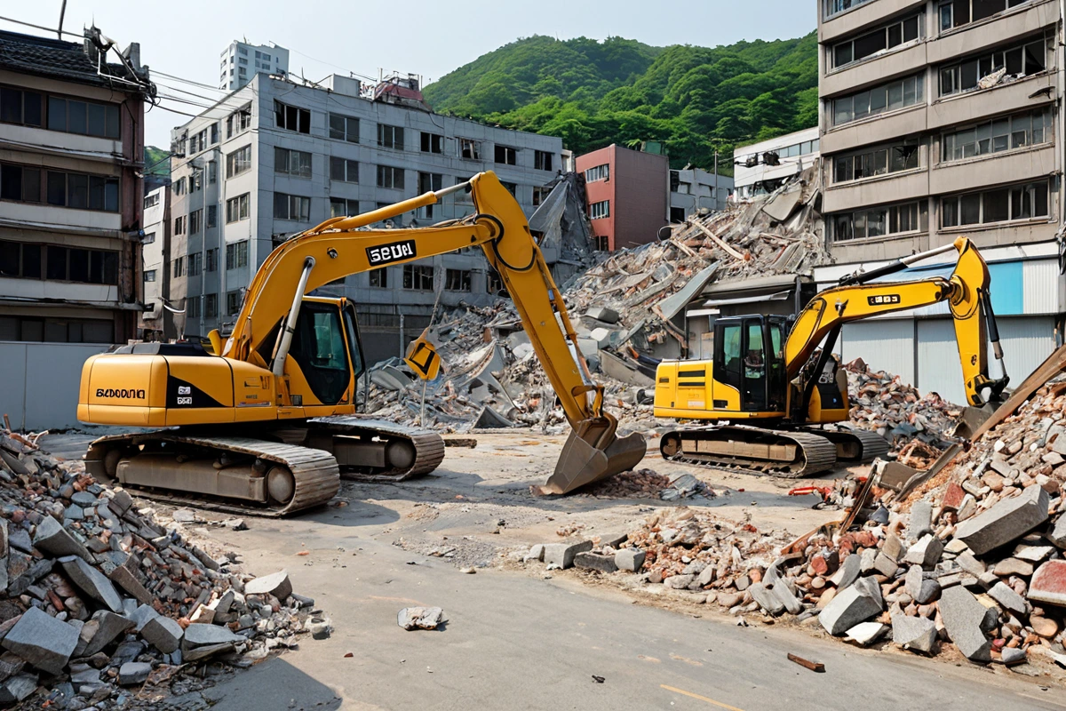 서울 봉천동과 후암동 인근의 작은 상가 건물 철거 현장. 철거 중인 건물 외벽에 안전 울타리가 설치되어 있고, 철거 작업 중인 중장비가 주변의 도로를 차단하고 있는 모습. 철거된
