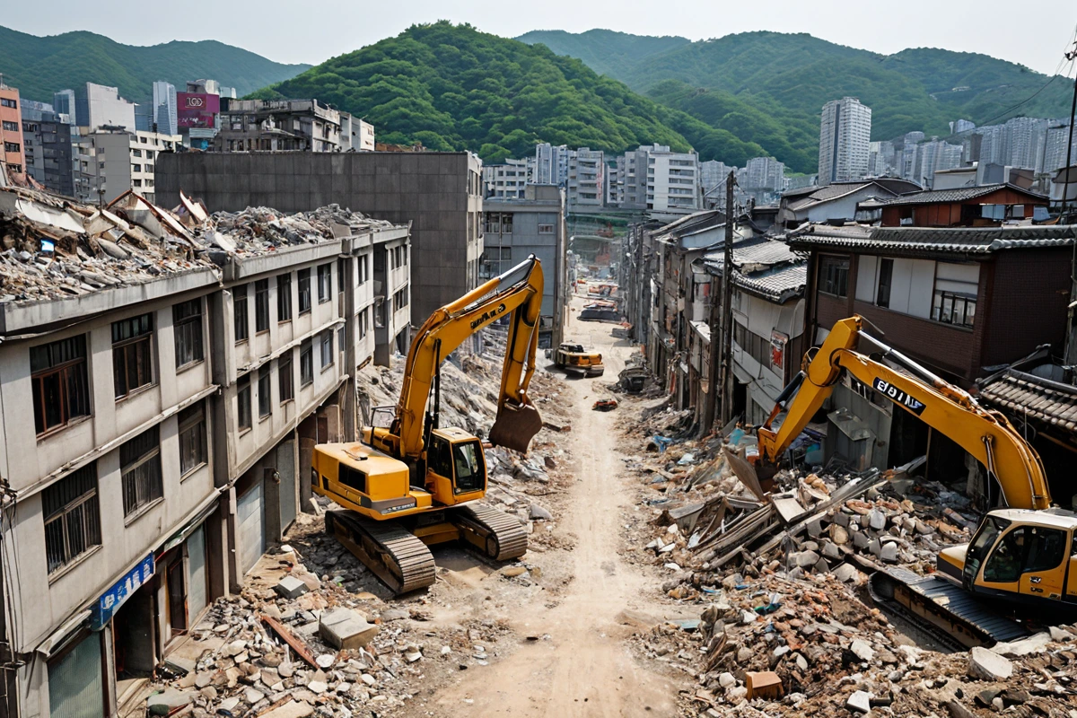 서울 봉천동 구도심 지역의 노후 건물 철거 현장, 넓은 도로와 현대식 건물이 있는 오금동과 대비되는 봉천동의 좁은 골목과 구조물 철거 작업 중인 장면. 건물 잔해와 철거 장비가 어