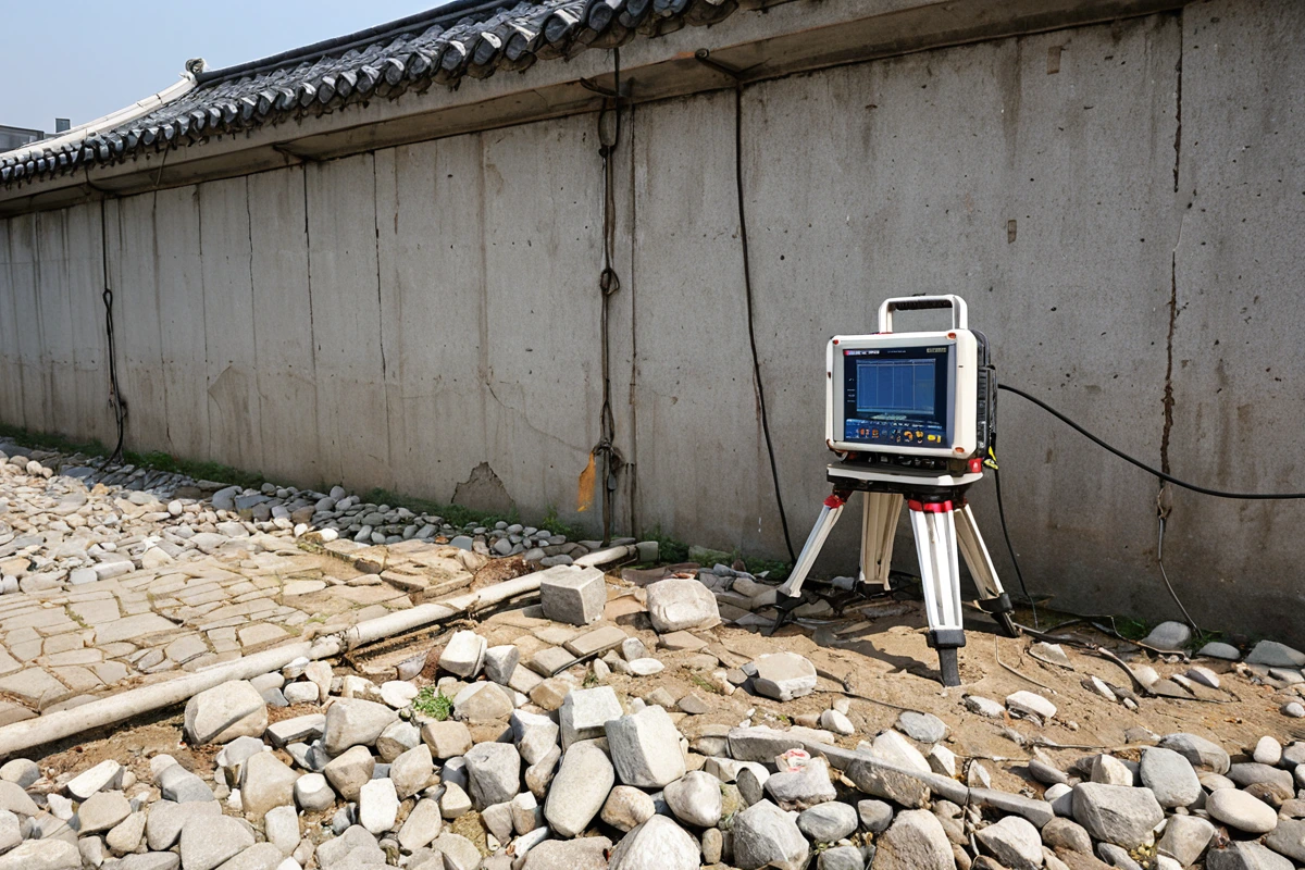 서울 봉천동 노후 건물 철거 전 구조 점검을 위한 현장에서, 건물 기초 부분에 설치된 구조 안정성 측정 장비와 철거 전 정밀 점검을 위한 도구들이 정리된 장면. 건물 외벽에 균열이