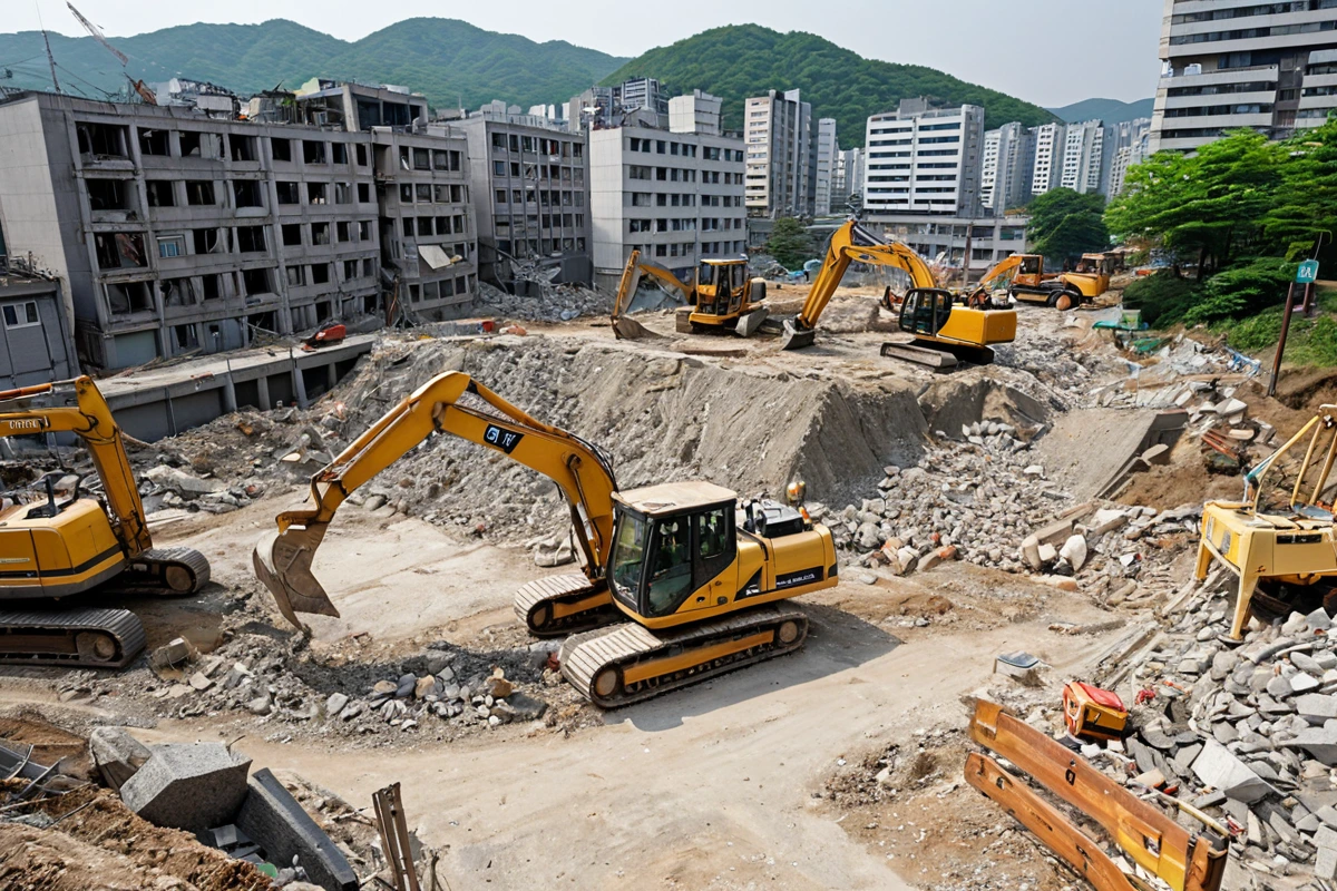 서울 봉천동 도로 확장 프로젝트와 관련된 소규모 주택 철거 현장. 평당 6만 원 비용으로 철거된 주택의 남은 구조물과 철거 기계가 함께 있는 사실적인 장면.