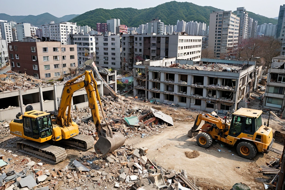 서울 봉천동 도시 개발 구역에서 철거 중인 주택의 외관, 주변 건물과의 거리가 보이는 상황, 철거 작업 중인 장비가 정리된 모습