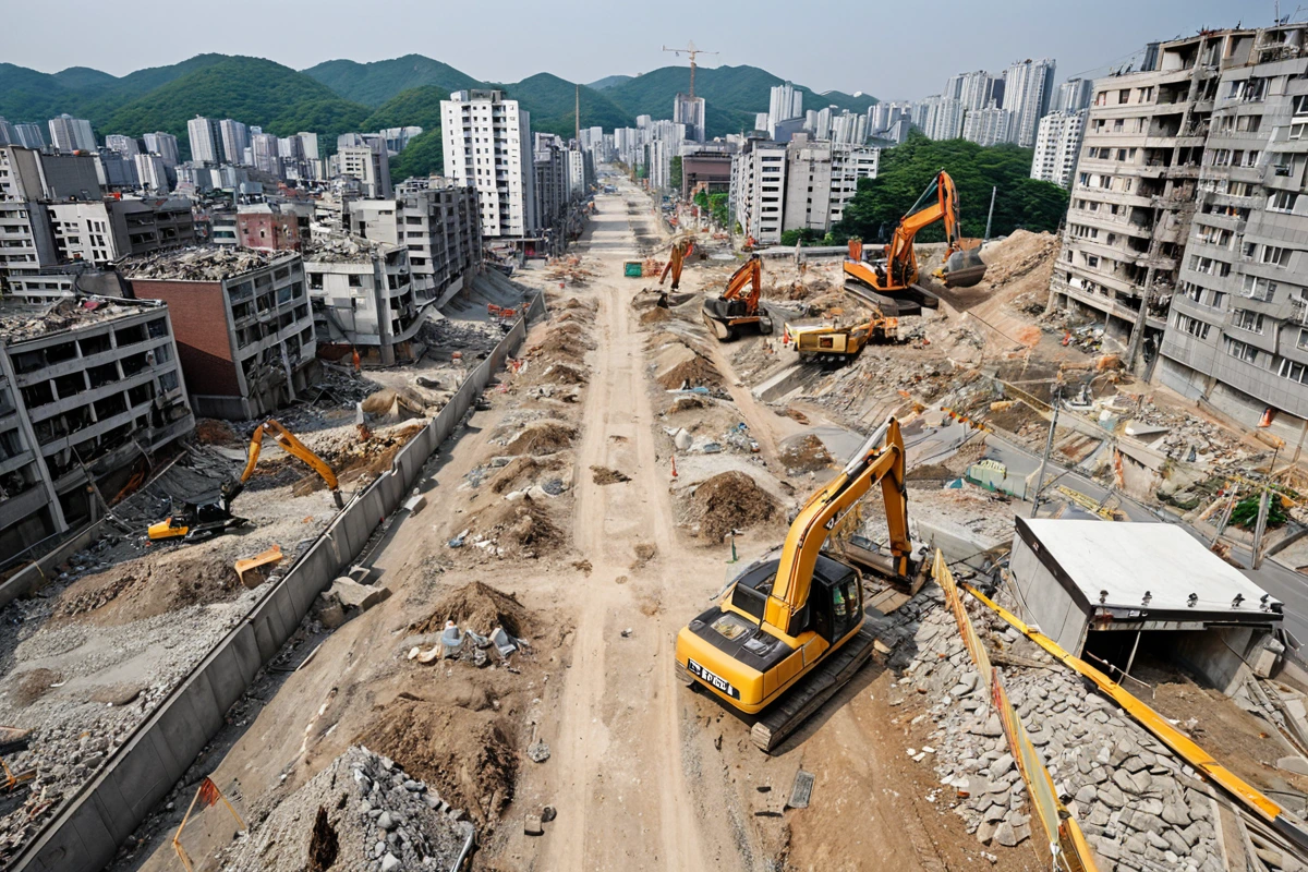 서울 봉천동 도시 개발 구역에서 철거 중인 주택 주변의 밀집된 건물과 도로, 토양 상태를 보여주는 사실적인 장면. 건물의 구조와 도로의 위치를 고려한 철거 작업 현장의 안전 거리가
