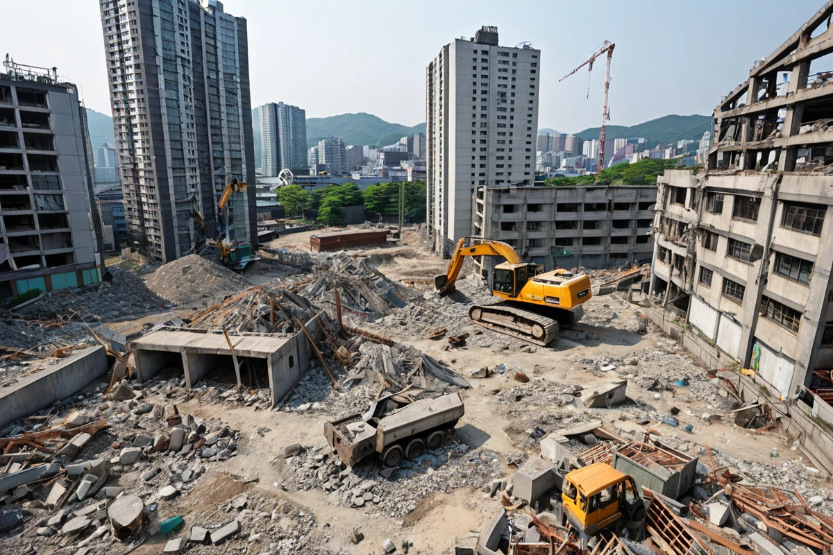 서울 봉천동 도시 개발 구역의 현장, 고층 건물 철거 현장 주변에 설치된 안전 울타리와 철거 중인 건물의 잔해가 드러난 풍경, 도시 풍경과 철거 작업의 조화를 보여주는 사진