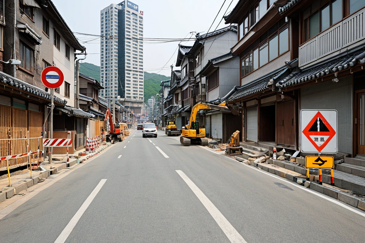 서울 봉천동 도시 풍경, 고층 빌딩과 오래된 주택이 혼재된 거리에서 철거 작업 중인 공사 현장, 교통 제한 표지판과 소음 규제 안내문이 보이는 상황