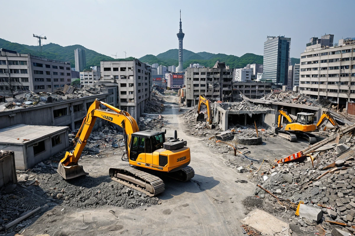 서울 봉천동 도심 내 철거 작업을 위한 전문 장비와 설비가 정리된 현장. 철거 장비의 안정적인 설치와 철저한 준비 상태가 드러나는 모습. 주변 건물과 도로가 보이는 도심 배경.
