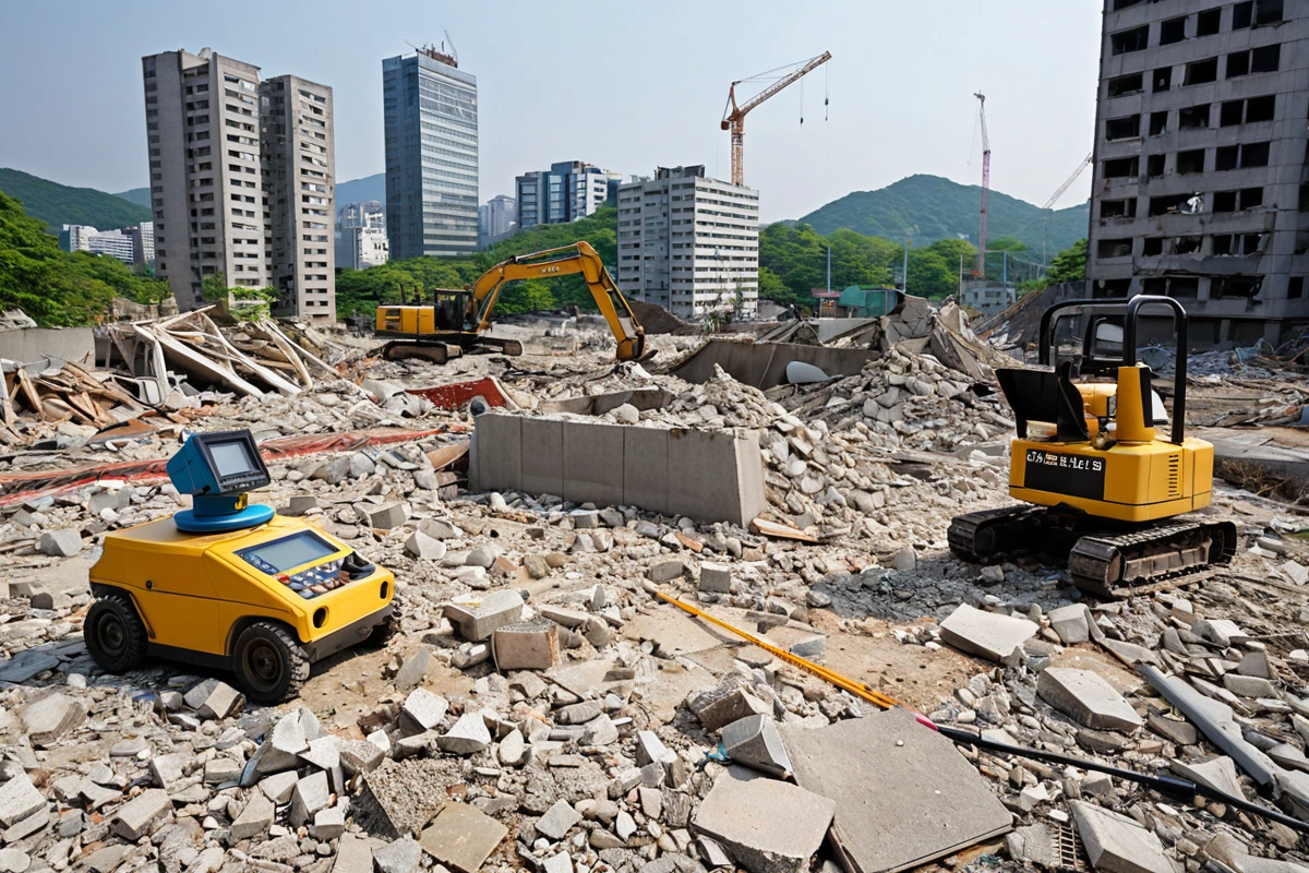 서울 봉천동 도심 지역에서 진행되는 주택 철거 작업 현장. 철거 중인 건물의 구조물 재질을 분석하는 현장 작업자용 장비와 철거 규모를 나타내는 측정 도구가 배치되어 있으며, 주변 