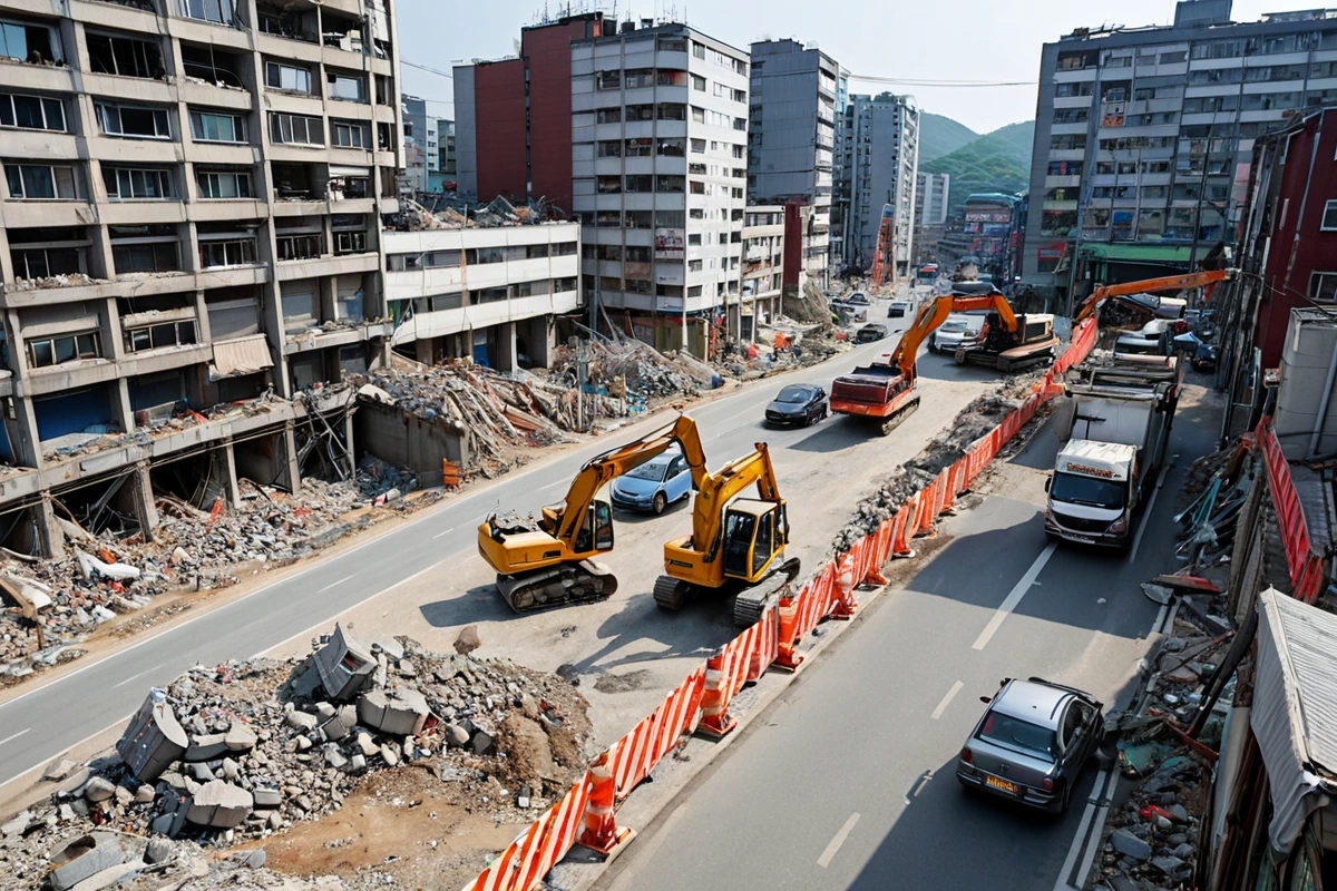 서울 봉천동 도심 지역의 주택 철거 현장, 교통 혼잡한 도로와 인근 건물 보호를 위한 안전 울타리가 설치된 모습, 철거 중인 건물의 구조물과 철거 장비가 정돈되게 배치된 장면