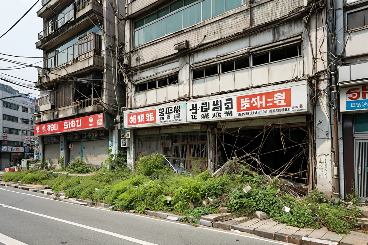 서울 봉천동 상가 철거 현장, 구조물이 복잡하게 얽힌 상가 건물의 외부 모습, 낡은 간판과 철거 작업을 위한 안전 울타리가 설치된 모습