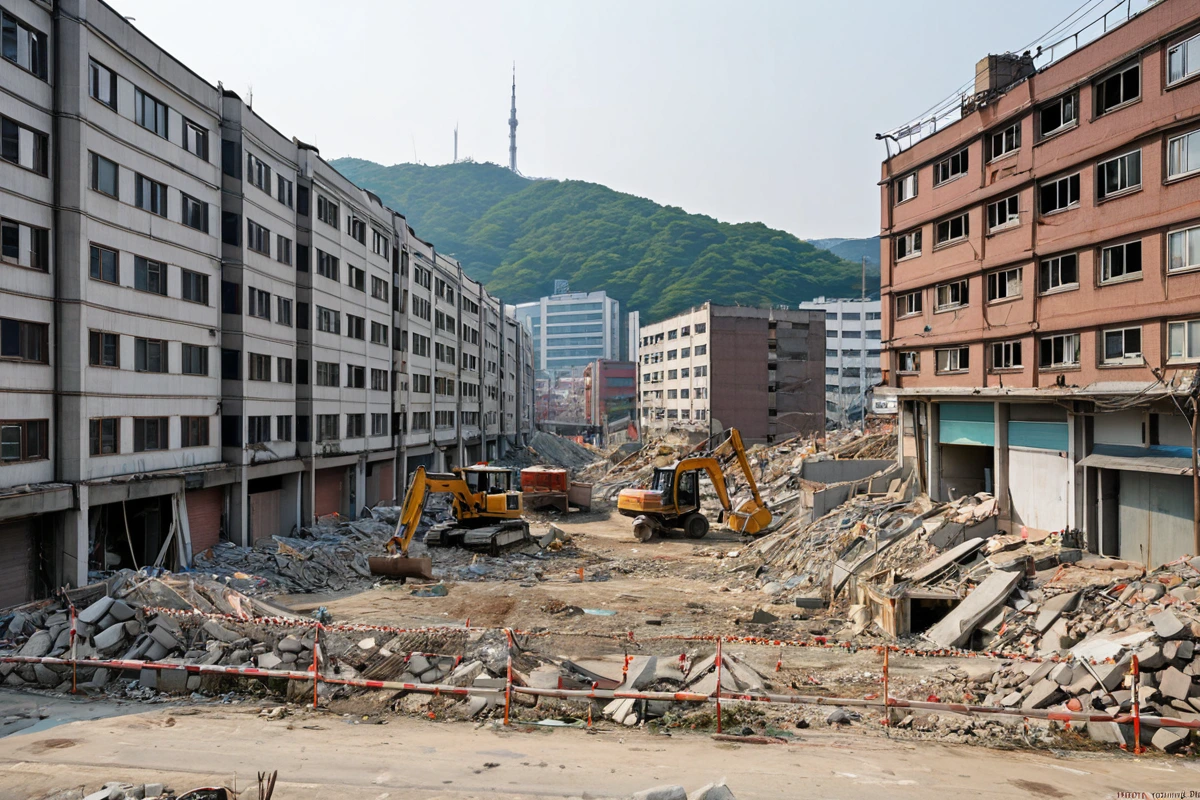 서울 봉천동 상업과 주거가 혼재된 도시 풍경, 철거 작업 중인 건물 주변에 안전 울타리가 설치된 모습, 주변 건물과의 거리감을 고려한 철거 현장의 정돈된 모습