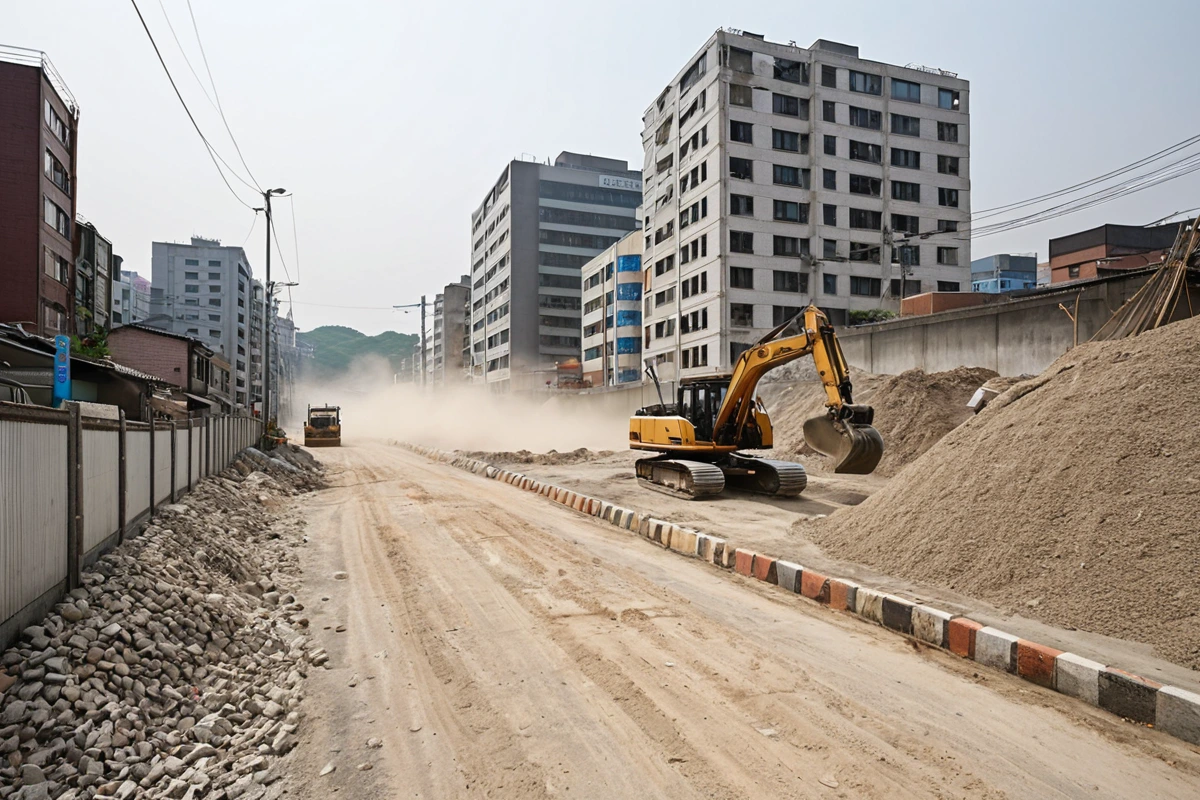 서울 봉천동 상업지역과 주거지가 혼재된 도시 풍경, 철거 작업 중인 건물 주변에 소음 차단용 방진막이 설치된 모습, 먼지 관리 시설이 잘 정리된 도로