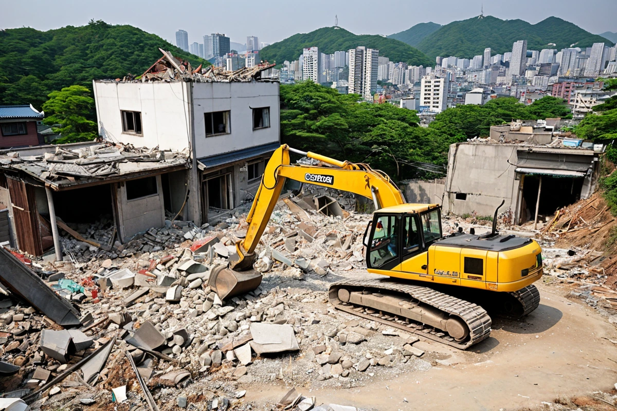 서울 봉천동 소재의 소규모 주택 철거 현장. 철거 중인 주택의 구조물과 철거 장비가 정리된 공간. 주변에 봉천동 지도가 보이는 배경.