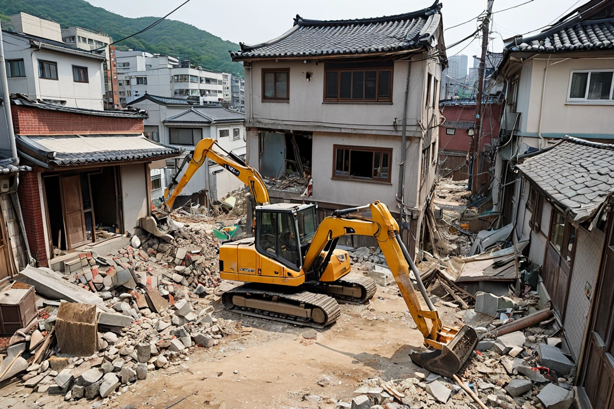 서울 봉천동 소형 주택 철거 현장, 소규모 철거 장비와 주변 주택군이 보이는 풍경, 철거 중인 주택의 외관과 철거 작업 중인 장비가 자연스럽게 배치된 모습