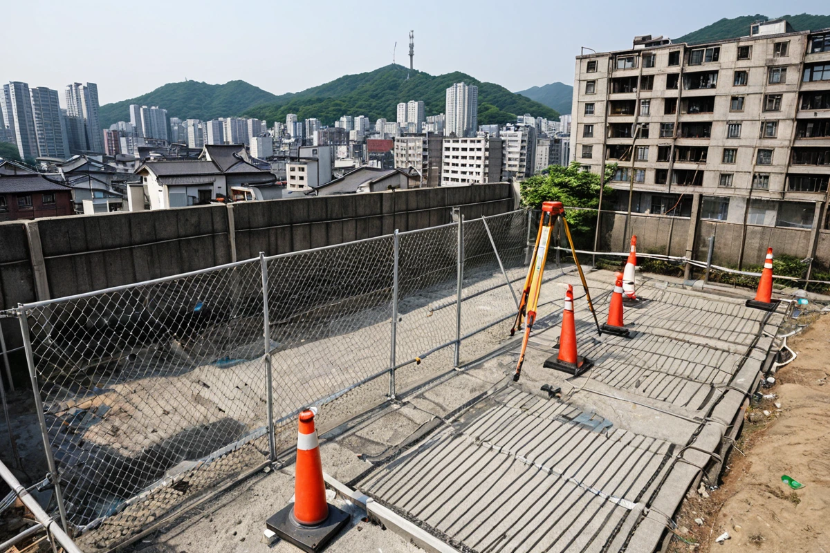서울 봉천동 오래된 주택 외부에서 구조 점검을 위해 설치된 안전 울타리와 구조 검사 도구가 놓인 현장, 주변 건물과 어울리는 도시 풍경 배경