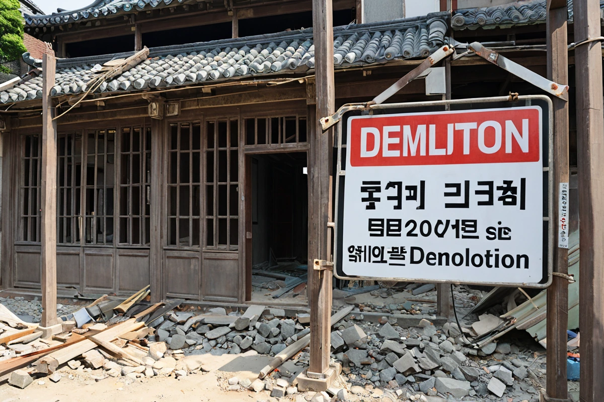 서울 봉천동 오래된 주택 철거 전 구조물 안정성 점검 현장. 전문가가 사용하는 점검 장비와 구조물의 결함 부분이 드러난 촬영 각도로, 안전 표시판이 배경에 보입니다.