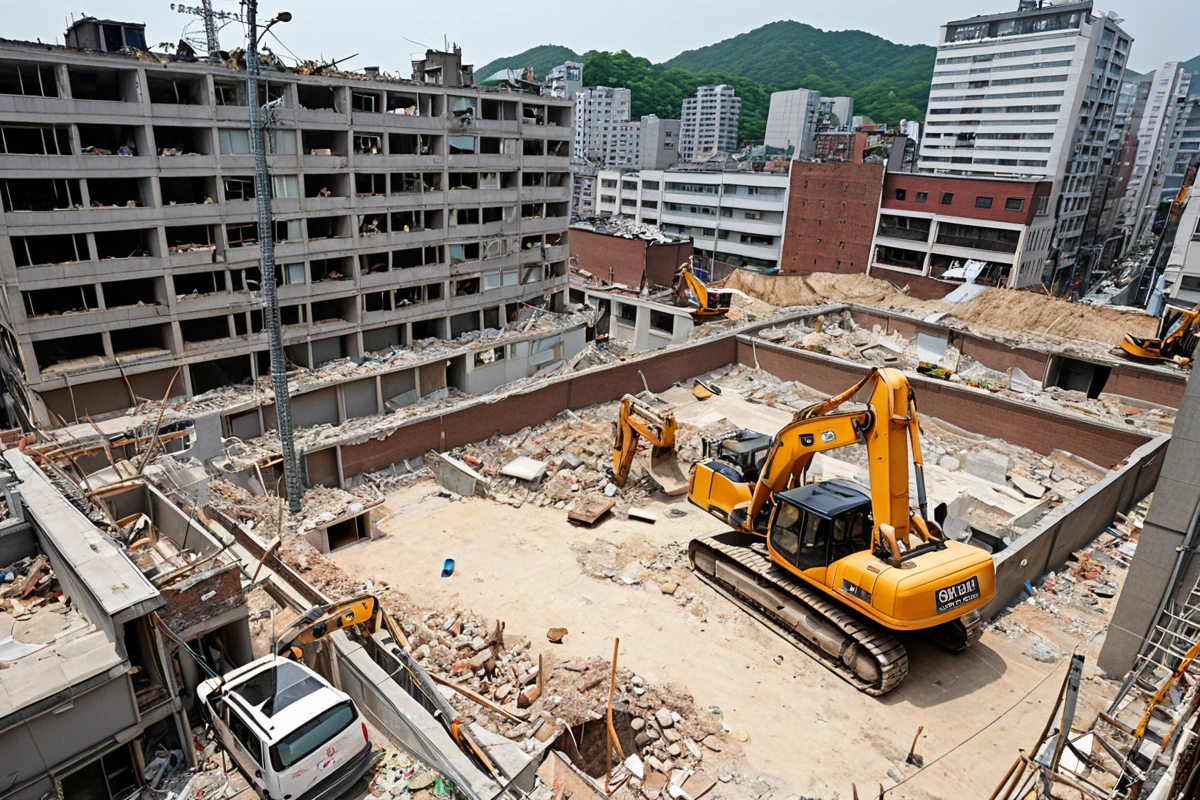서울 봉천동의 100㎡ 미만 주택 철거 현장, 단층 주택의 외관과 철거 중인 건물의 구조물이 드러난 모습, 철거 장비가 준비된 채로 정리된 현장