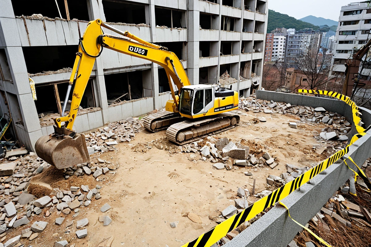 서울 봉천동의 20년 이상 된 주택 철거 현장, 구조적 손상이 보이는 벽과 바닥, 철거 장비가 준비된 모습, 안전 테이프로 둘러싸인 공간