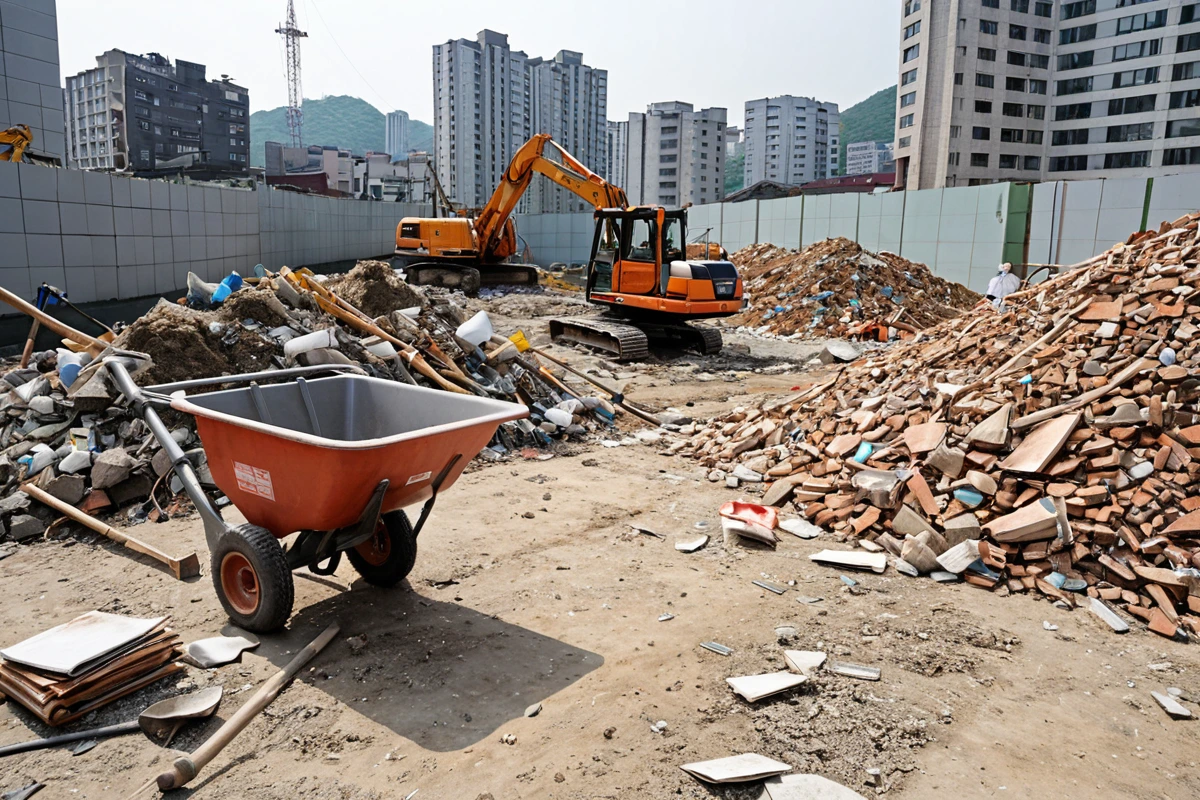 서울 봉천동의 가벽 철거 현장에서 철거 예상 비용을 계산하는 전문가의 견적서와 함께 철거 과정을 보여주는 장면. 견적서에는 정확한 비용 산정을 위한 세부 항목이 명시되어 있고, 철