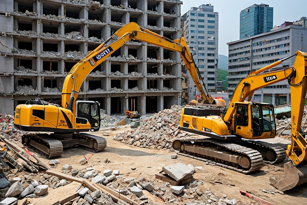서울 봉천동의 건물 철거 현장에서 안전 장비를 착용한 철거 장비가 철거 작업 중인 모습. 철거 중인 건물의 구조물이 안정적으로 분리되고, 주변 시설이 보존된 상태의 철거 현장.