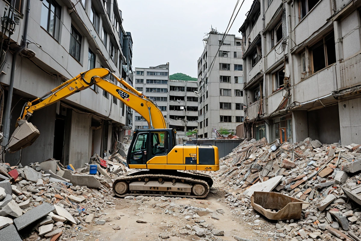서울 봉천동의 구조가 복잡한 주택 철거 현장에서, 철거 기계가 주변 협소한 골목길을 고려해 정밀하게 작업하는 모습. 건물 구조와 재질을 분석하는 도구가 주변에 놓여 있다.